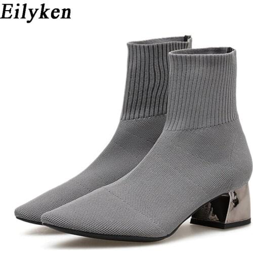 Eilyken 2021 Winter Thick High Heels Women Knitting Stretch Fabric Boots Female Pointed Toe Ankle Boot Fashion Ladies Shoes
