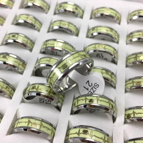 Wholesale 36pcs/lot Luminous ECG pattern Stainless Steel Rings Fashion Mens Women Wedding Party Ring Polished Inside