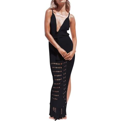 Summer Women Cover-Ups Long Beach Dress Sleeveless Tassle Drawstring Waistband Sexy V-neck Clothing Beachwear Swimwear Seaside