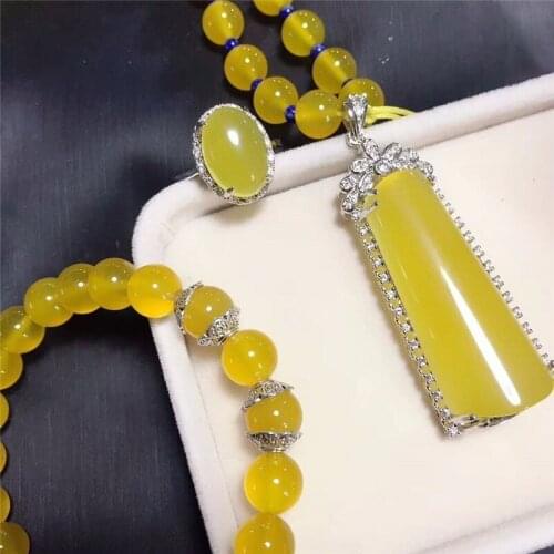 LETSFUN Fine Jewelry 925 Silver Inlaid Natural Yellow Chalcedony Pendant Necklace Ring Bracelet Set Gifts Free Shipping
