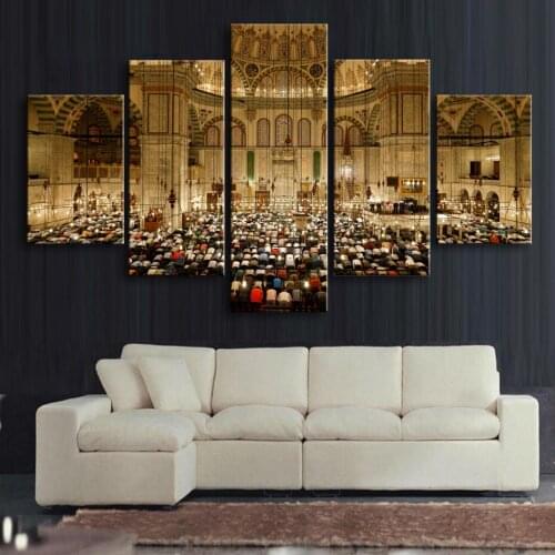 Mecca Mosque Muslim Pilgrimage Frame Wall Art 5 Pieces Islamic Wall Art Canvas Print Paintings Poster Living Room Ramadan Decor