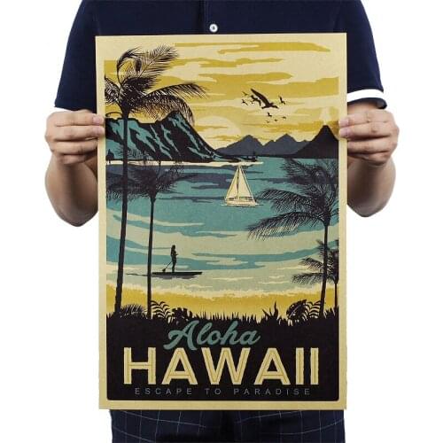 Aloha Hawaii Famous Tourist Landscape Painting Kraft Paper Bar Poster Vintage Decorative Painting 51x34cm Wall Sticker