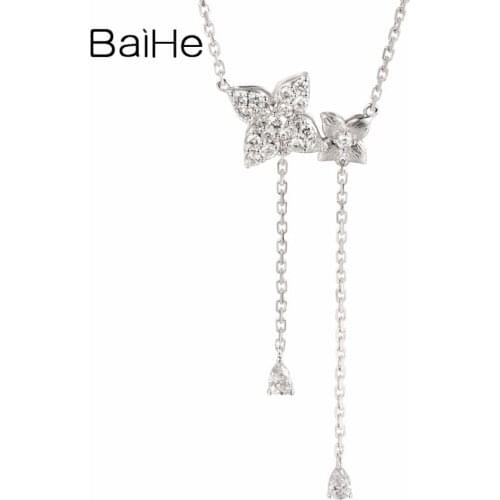 BAIHE Solid 18K White Gold H/SI 0.45ct Natural Diamonds Women Fine Jewelry Engagement Gift Flower tassel Necklaces
