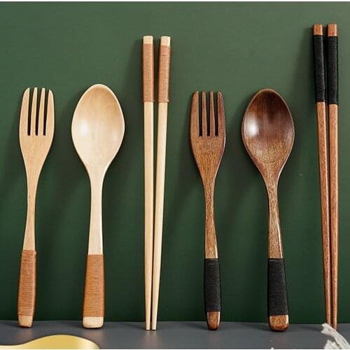 Portable Tableware Spoon & Fork Wooden Cutlery Sets Teaspoon Soups Utensil Kitchen Dinnerware Cutlery Cooking Tool for Kids