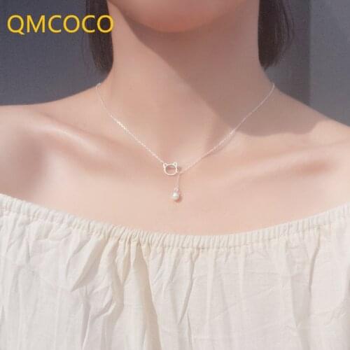 QMCOCO 925 Silver Fashion Hollow Out Cute Cat Round-Shape Bead Clavicle Short Necklace For Women Party Trendy Gifts