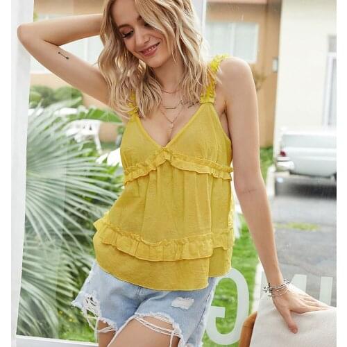 Sexy Ruffle Elastic Women Cami Tops Spaghetti Strap V-neck Female Backless Tank Tops Solid White Yellow Summer Ladies Tops 2020