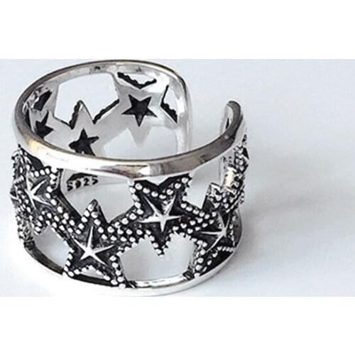 Punk Retro Hollow Out Wide Ring Five-pointed Star Men Women Adjustable Finger Ring Trend Handmade Men Women Party Jewelry