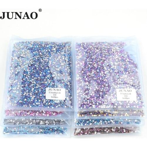 JUNAO SS6 8 10 12 16 20 30 Big Package Fuchsia AB Glass Non Hot Fix Rhinestones Flat Back Crystal Stone Glue on Nail Strass