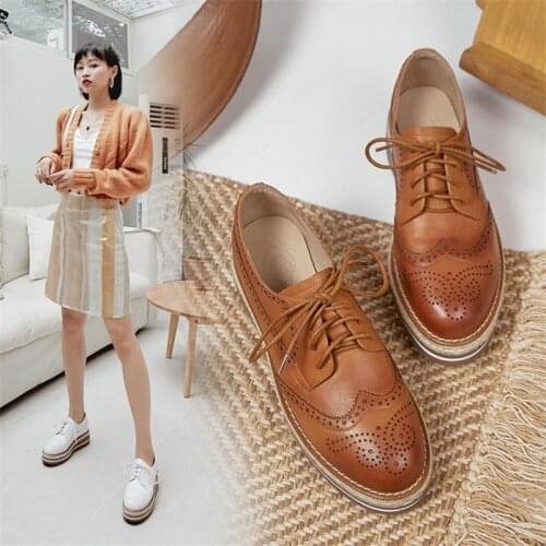 Spring Women Pumps Genuine Leather Round Toe Lace-Up Wedges Platform Shoes Women British Retro Casual Shoes Carved Brock Shoes
