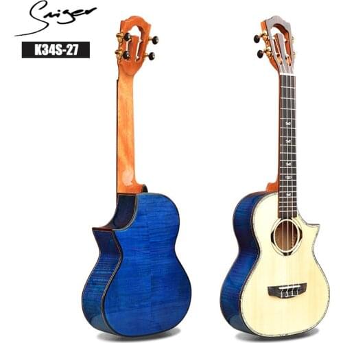 Sminger 1Pc Ukulele K34S-27 Flamed Maple Cutaway Solid Spurce Ukulele Soprano Rosedwood Uke 21 Inch High Gloss Ukulele With Bag