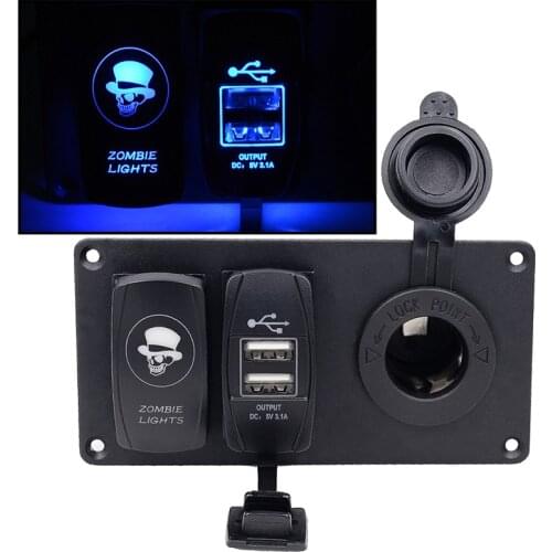 12V-24V Universally Rocker Switch Light ON-OFF Switch and Dual 5V 3.2A USB Charger Adapter with Cigarette Lighter Socket