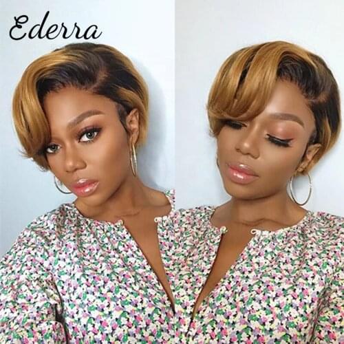 Pixie Short Cut Human hair Wavy Wigs Natural Black Color Glueless Wigs Brazilian Remy Hair For Women 13*1 Front Lace Wigs