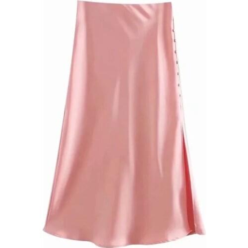 2021 Summer Women elegance Midi Skirt Side split Satin High Waist A-line Skirts buttons decorative Middle length Skirts Female