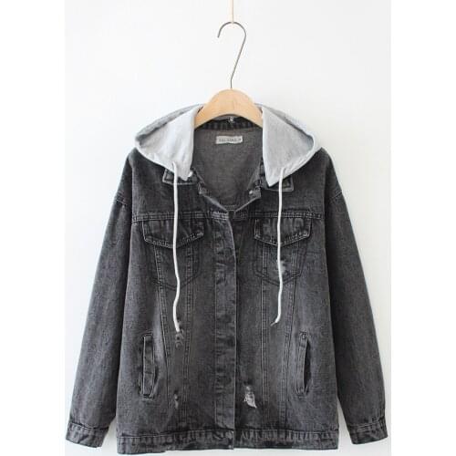 3XL Plus Size Womens Hooded Denim Jacket Spring Harajuku Kurtka Damska Long Sleeved Hole Jeans Jacket Cazadoras Bomber Clothes