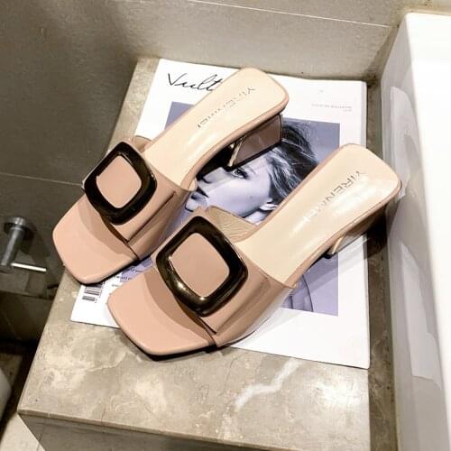 Women Casual Slippers Summer Women Shoes Slippers Fashion Metal Buckle Ladies Mules Slides High Heels Pumps