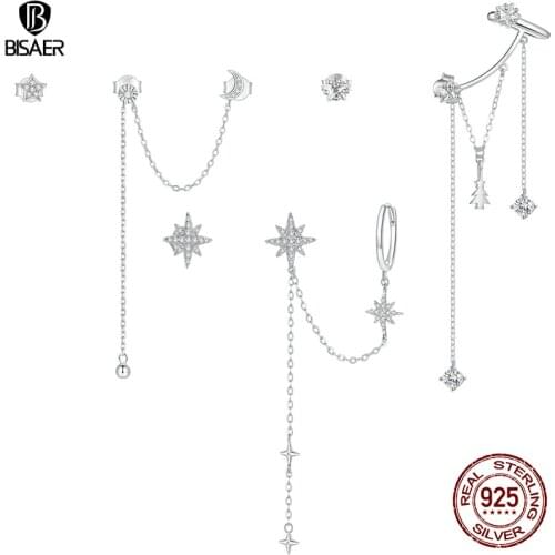 BISAER Brincos 925 Sterling Silver Shining Stars Stud Earrings for Women Tassel Design Fashion Earrings Jewelry Bijoux EFE431