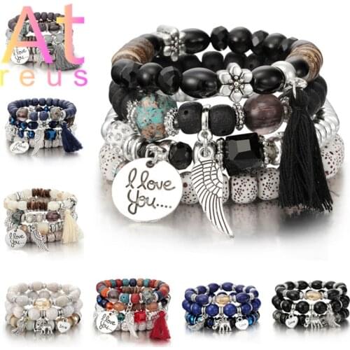Fashion 3-4pcs/set Boho Elephant Wing Heart Bracelets & Bangles Women Stone Beaded Bracelet Set Long Wrap Bracelet for Women