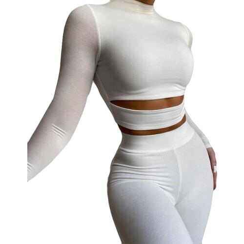 Women Close-fitting Two-piece Clothes Set Solid Color Crop Tops And Leggings Black/ White