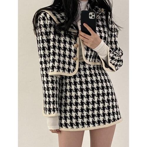 2021 Autumn Vintage Houndstooth Tweed 2 Piece Set Women Plaid Single-Breasted Short Jacket Coat + Bodycon Mini Skirt Suit Outfit