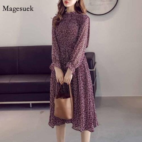 Floral Print Empire Stand Collar Midi Pleated Chiffon Dresses Red Women 2020 Spring Autumn Flare Sleeve Dress Vestidos 8634 50