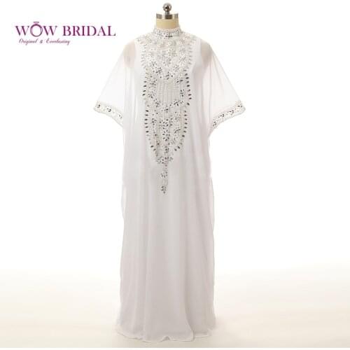 Wowbridal Elegant White Evening Dress 2021 High Neck Crystal Pearls Beaded Half Sleeve Chiffon Straight Muslim Women Event Dress
