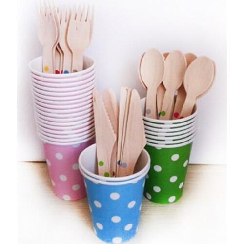 1000 pcs 16 cm Cream disposable Wooden Knife Fork Spoon Tableware eco-friendly Colorful Striped Polka Dot Design
