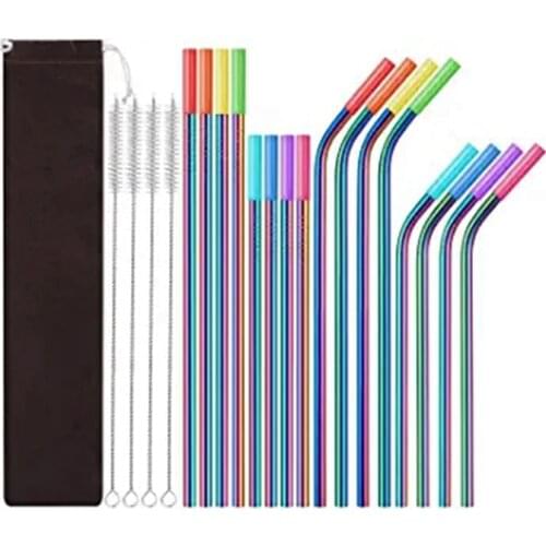 16 Pack Rainbow Color Reusable Metal Straws with Silicone Tip Colored Long Stainless Steel Straws