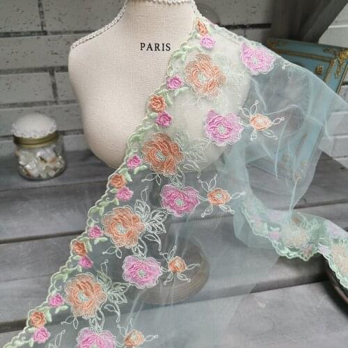 2Meters Green Mesh Flower Embroidered Tulle Lace Trim Dolls Dress Accessories Sofa Curtain Fabric Sewing Handcrafts Material