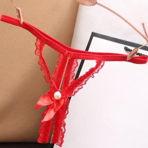 2021 Sexy Open-Crotch Panties Erotic Lingerie Women Pearl Lace Bandage Briefs Crotchless Female Thong Transparent Underwear
