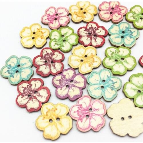 200pcs 25mm Wood Painted Flowers Buttons 2 Holes Natural Sewing Floral Button Embellishments Scrapbooking Cardmaking