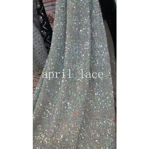 Stock promotion MXL014 shining silver embroidey sequin stretch mesh tulle lace for evening dress/fashion design