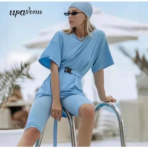 Free Shipping 2021 Summer New Womens Set Casual Solid Color Loose Round Neck Short Sleeve T-shirt & Tight Shorts Two-piece Set