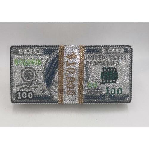 Chaliwini Unique Design $100 Dollars Money Bag Women Crystal Box Clutch Evening Bags Cocktail Dinner Purses and Handbags