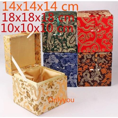 10 14 18 Cube Decoration Chinese Wood Storage Box Stone Crafts Collection Cotton Filled Silk Brocade Jewelry Packaging Case
