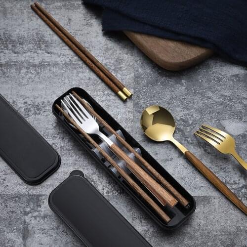 3PCS/Set Wooden Chopsticks Spoon Fork Set Western Food Cutleries Portable Student Tableware With Bag Dinnerware Set