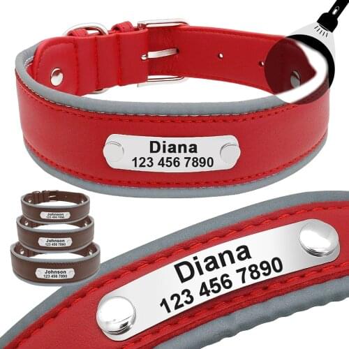 Leather Dog Collar For Large Dogs Reflective Personalized Pet ID Collars Nameplate For Medium Large Pitbull Bulldog Labrador