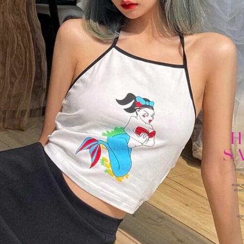 Ins Retro Cartoon Halter Crop Tops Women Sexy Mini Tank Tops 2021 Summer New Arrival Korean Style Female Fitness White Crop Top
