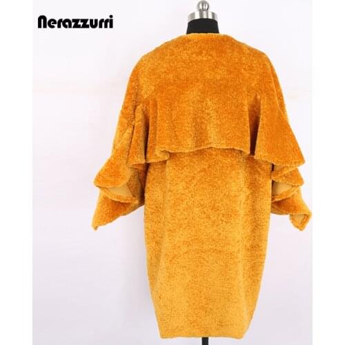 Nerazzurri Winter Long Orange Oversized Ruffled Faux Fur Coat Women Drop Shoulder Long Sleeve Pockets Stylish Korean Fashion