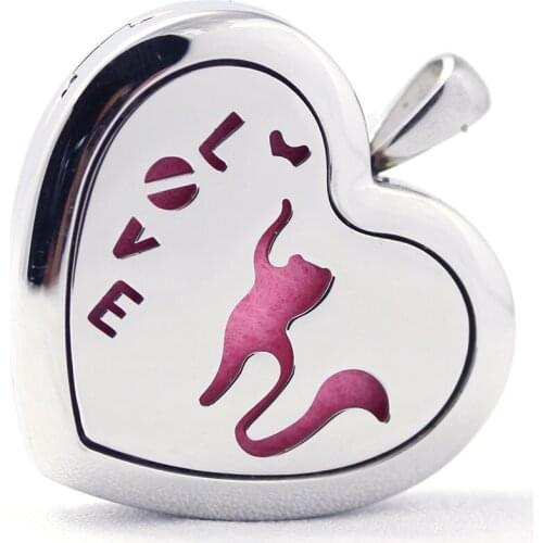 Heart Shape Stainless Steel Love Cat Design Aromatherapy Aroma Essential Oil Diffuser Necklace Pendant