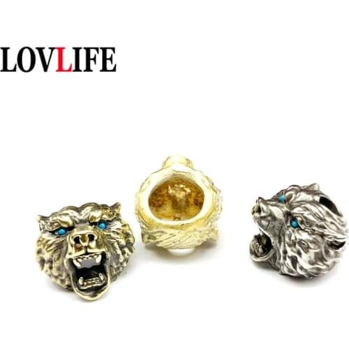 Paracord Rope Beads Pendant Brass Blue Eyes Bear Head Car Keychain Hanging Jewelry DIY Knife Bead Accessories EDC Outdoor Tool