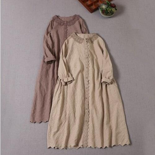 Early Autumn Japan Style Mori Girl Literature Embroidery Lace Cotton Dress Loose Long Sleeve Women Long Dress