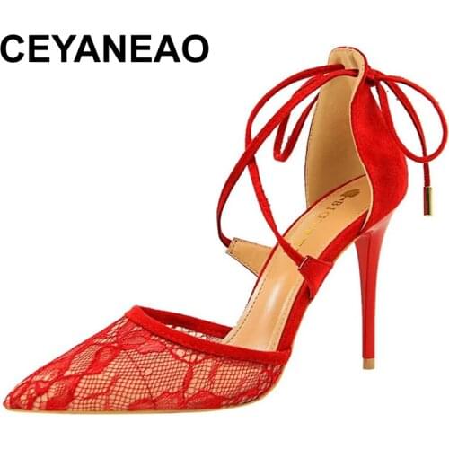CEYANEAO Sexy sandals women High heels Fine with High heel Shallow mouth Pointed Mesh Lace Cross belt Hollow sandals shoes woman