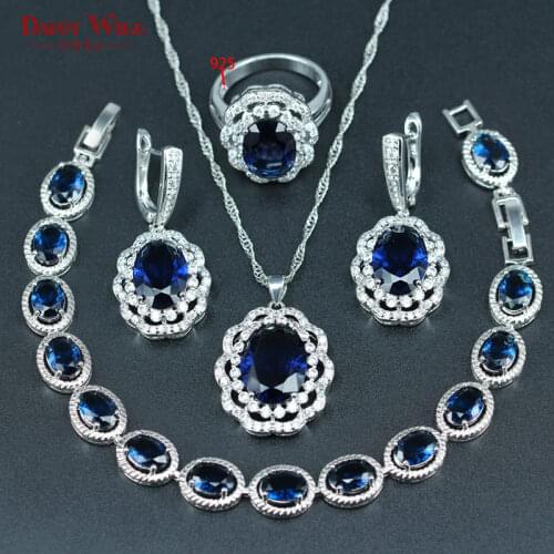 Blue Necklace Jewelry Sets For Women Silver Color Necklace Earrings Ring Pendant Women Sets Fashion Jewelry Sets