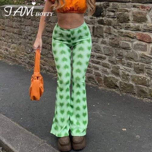 Y2K Heart Graphics Print Baggy Flare Pants Women Harajuku Cute High Waist Strechy Green Sweatpants Aesthetic Trousers Iamhotty