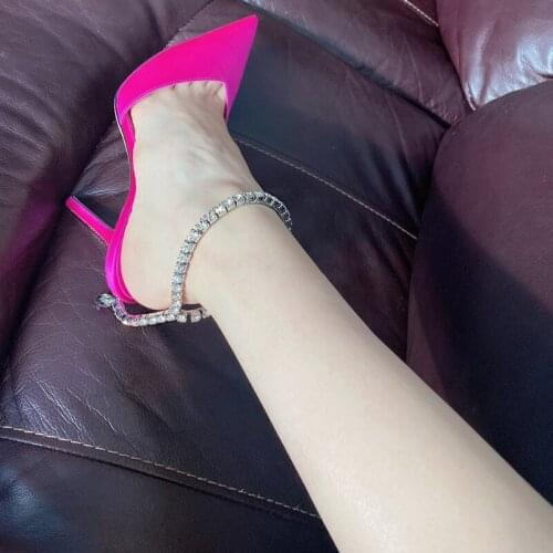 2021 New Rose Red Rhinestone Sandals Women Square Toe Shoes Ladies Stiletto High Heels Slippers Women Sandalias zapatos femenino