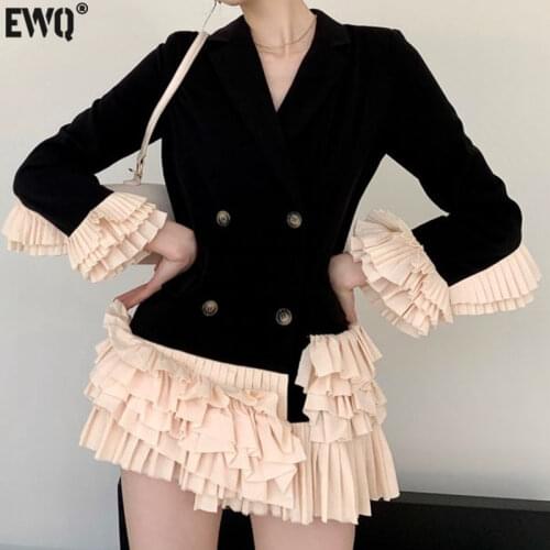 [EWQ] 2021 Spring Female Notched Collar Long-sleeved Blazer Coat Double Breasted Loose Sweet Patchwork Ruffles Suit Top 8Y048
