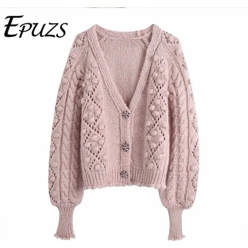 2021 Spring V-Neck Button Cardigan Sweater Fashion Slim Long Sleeve Hollow Out Lady Elegant Casual Loose Pink Chic Top