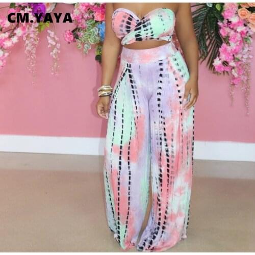CM.YAYA Women Set Print Sleeveless Halter Crop Tops Elastic Waist Straight Wide Leg Long Pants 2 Piece Sets Tracksuit Outfit