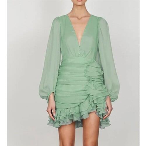 Women Ruffles Mini Summer Dress Chiffon Long Lantern Sleeve High Waist Tunic Ruched Flounce Dress
