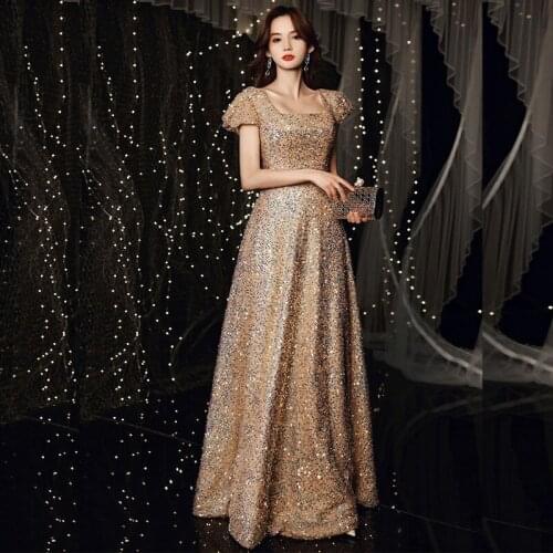Golden Evening Dress 2021 New Fashion a Line Floor Length Shinning Sequins Formal Dresses Robe De Soiree Vestido De Festa